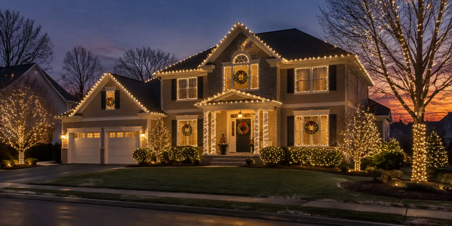 Home decorated with warm white Christmas lights at dusk