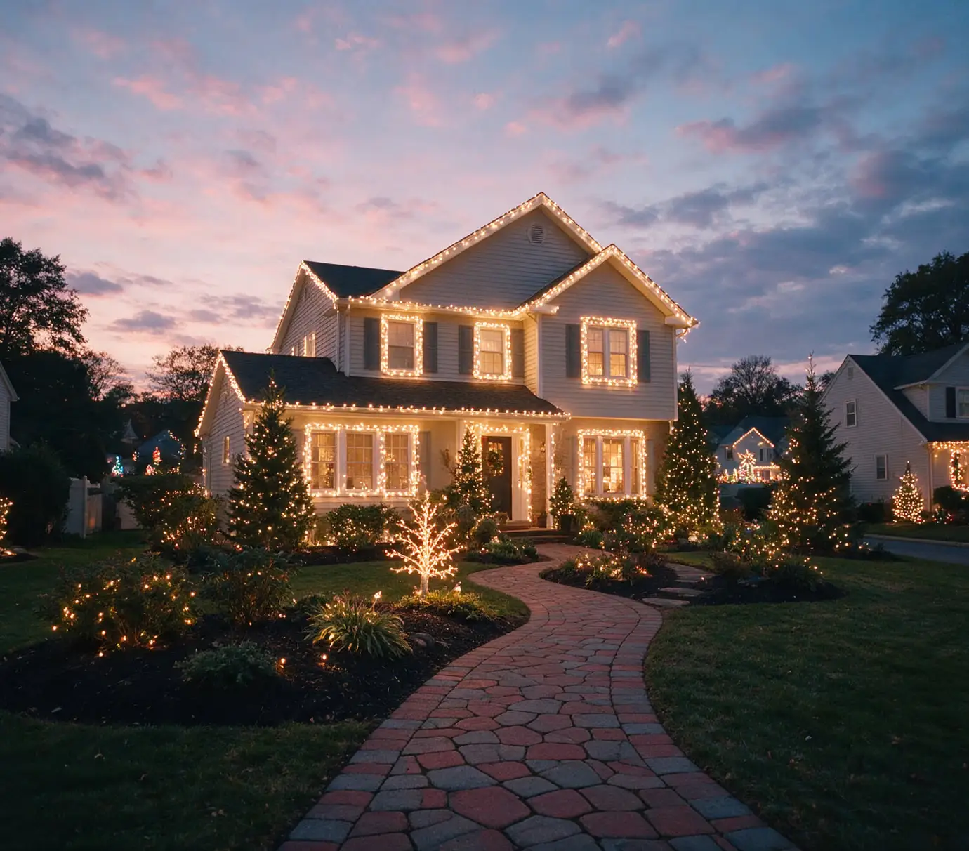 Home decorated with warm white Christmas lights at dusk